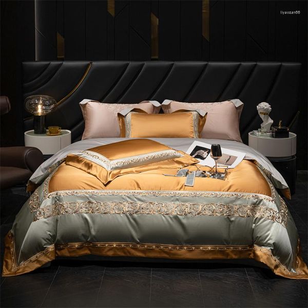 Conjuntos de roupa de cama conjunto de bordados de luxo 100S capa de edredom de algodão egípcio sedoso com elástico em toda a volta elástico fronhas de lençol de cama