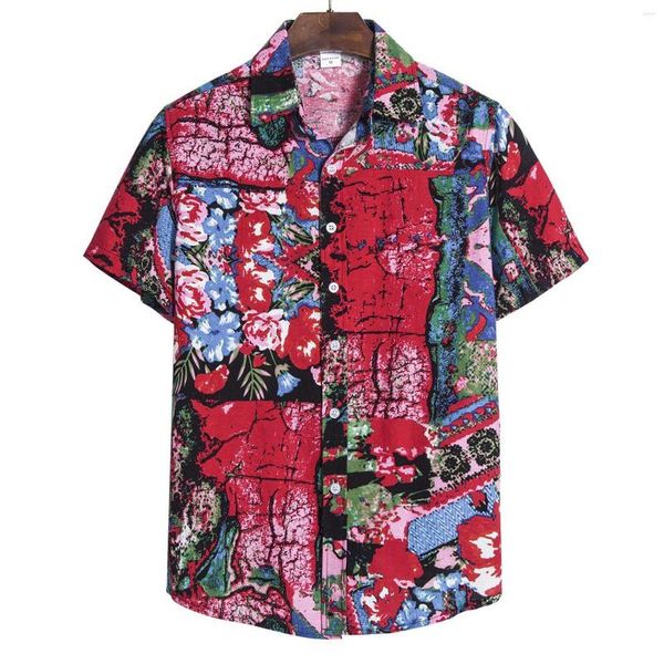 Camisetas masculinas Beach Flower Cardigã Camisa Havaiana Curto Gola Alta Manga Masculina Moda Festa Tops Festa Retrô