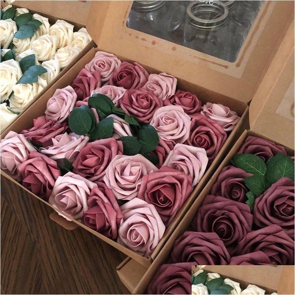 Coroas de Flores Decorativas 25 Pçs/Caixa Rosas Blush Artificiais Realistas Falsas Com Haste Para Faça Você Mesmo Buquês para Festa de Casamento Chá de Bebê Casa Dhftd