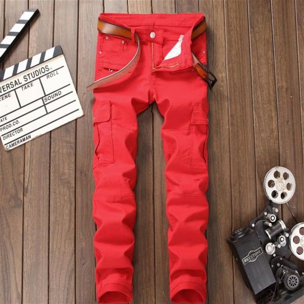 Jeans masculino Biker Red Casual com vários bolsos com zíper Calças jeans elásticas finas de alta qualidade 2862