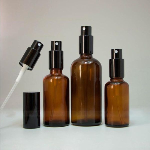 Braunglas-Spray-Parfümflaschen, 10 ml, 15 ml, 20 ml, 30 ml, 50 ml, 100 ml, dicke Sprühflaschen mit schwarzem Pumpzerstäuber und Zerstäuber