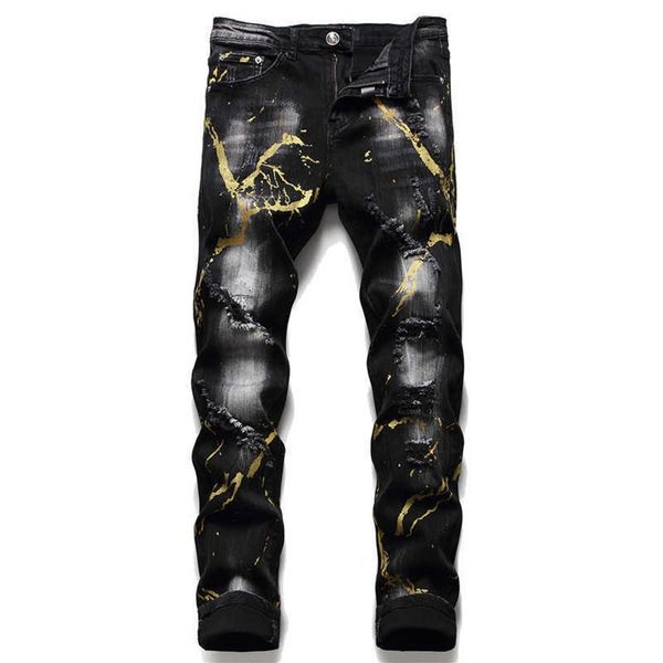 Calças jeans masculinas esfarrapadas, finas, lavadas, rasgadas, respingos de tinta preta, justas, elásticas, moda masculina X0621238k.