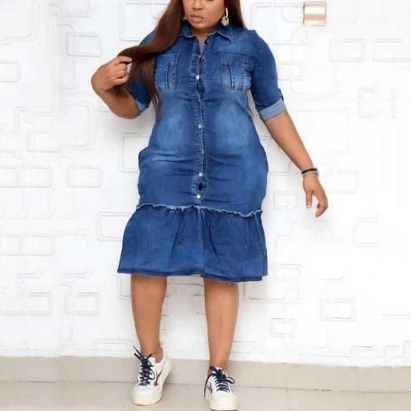 Plus Size Kleider 4XL 5XL Plus Size Jeanskleid Afrikanische Damenmode Einreihig Umlegekragen Kurzarm Mittelkalb Elegantes Bürokleid 230720