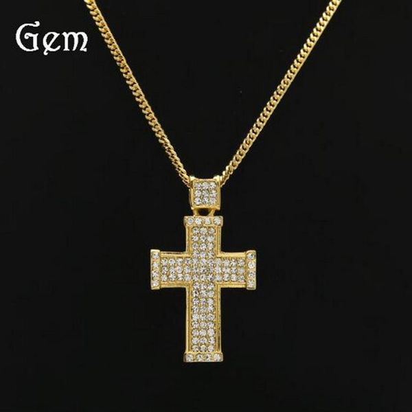 Europa USA 18 carati vero oro galvanico diamante collana ciondolo croce tridimensionale hip-hop gioielli hip hop252O