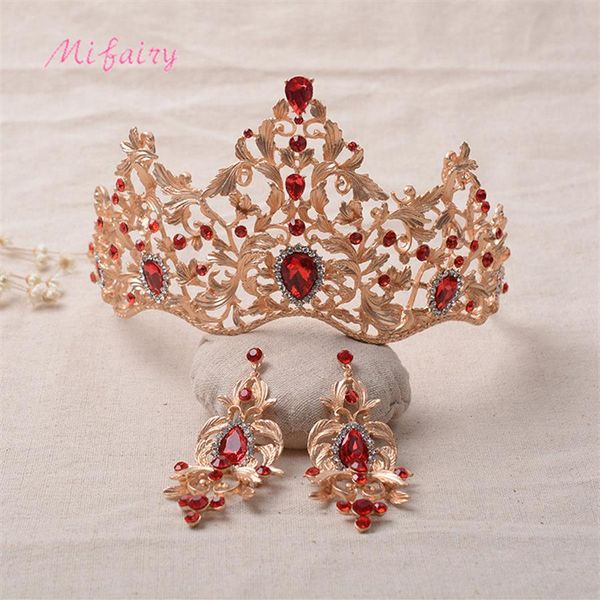 Conjuntos de Tiaras de Noiva Barroco Vintage Ouro Cristais Vermelhos Princesa Headwear Impressionante Diamantes Brancos Conjuntos de Tiaras e Coroas de Casamento 15 1298H