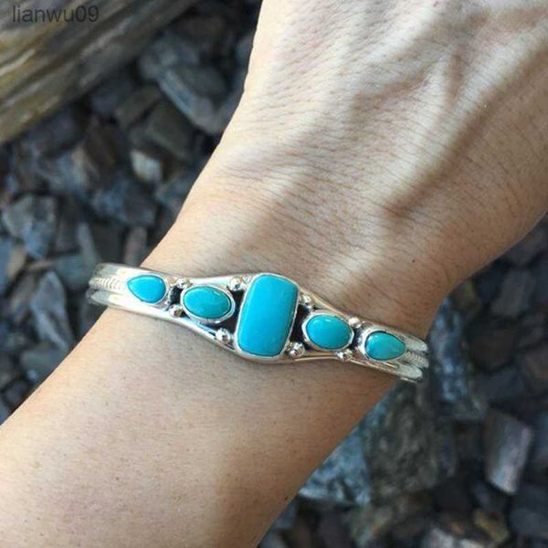 Boho Gypsy Vintage Intagliato Hollow Geometric Open Bangle Turchesi Gem Stone Bead Cuff Bangle Bracciale Donna Gioielli moda L230704