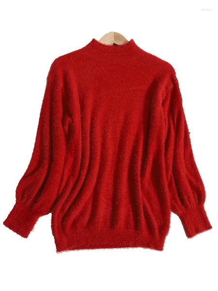 Kadın Sweaters Kadınlar Gevşek Kalkan Yarım Yüksek Boyun Uzun Kollu Düz Renk Peluş Üstler Pullover Sonbahar Kış Tiftik Örgü Sweater Jumper