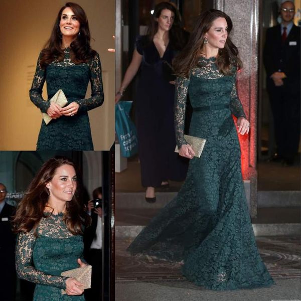 Kate Middleton Damen-Abendkleider mit voller Spitze, figurbetont, lange Ärmel, transparenter Bateau-Ausschnitt, bodenlang, Jägergrün, formelle Promi-Kleider Go346P