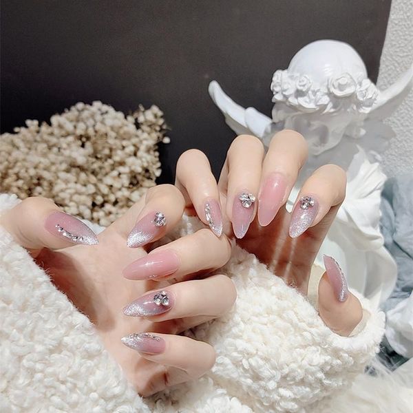 Unhas postiças 24 pçs Glitter falso cabeça longa pontiaguda decoração de strass cobertura completa unha usável peça acabada com cola SUB Sale