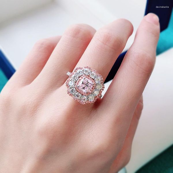 Anéis de Cluster Apaison Zircon Rosa e Amarelo 925 Prata Bela Firecolour Diamante Substituto Casamento de Luxo para Casais
