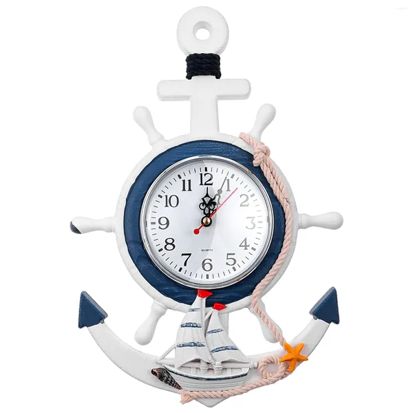 Orologi da parete Orologio Ruota di ancoraggio Decorazioni nautiche Nave da spiaggia Stile mediterraneo Tema Mare Appeso Timone per barche in legno costiero