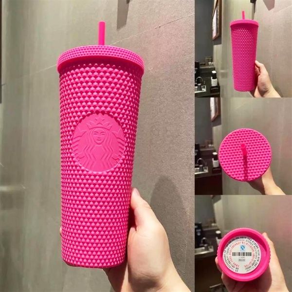 Mais recente caneca Starbucks Double Barbie rosa Durian Laser Straw Cup Tumblers Mermaid Plastic Water Cold Coffee Cups Gift Mugs H1005293O