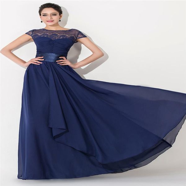 Elegante Chiffon-Spitze Marineblau Lange Brautjungfernkleider Kurzarm Taillierte Schärpe Abendkleider Plus Size Trauzeugin Kleider Unde301i