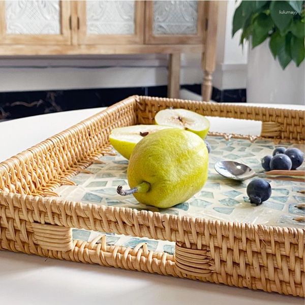 Teller Japanische kreative bunte Muschel Rattan gewebt Aufbewahrungskorb Haushalt Rechteck Wohnzimmer Tisch Tablett Brot Dim Obstteller