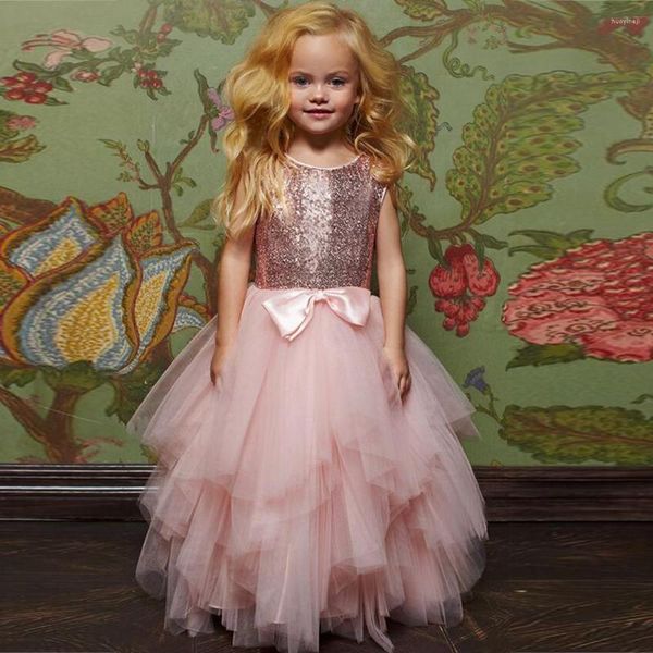 Mädchen Kleider Pailletten Blume 2023 Tüll Niedlich O-ansatz Sparkle Rosa Puffy Hochzeit Kleider Zurück Schleife Luxus Mädchen Geburtstag Party kleid