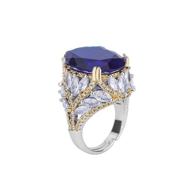 Anéis de dedo ajustáveis de zircônia azul de luxo para mulheres incrustadas em zircônia CZ branca exclusiva para noivado, joias de casamento, presentes
