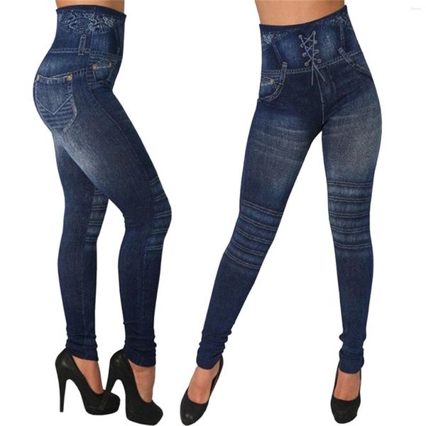 Damen-Leggings, elastische Jeans, bedruckt, Denim-Imitation, hohe Taille, Push-Up-Hose, Sport, eng, Workout, Fitness, Leggins