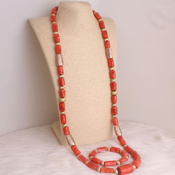 Colar Brincos Conjunto Dudo 42 Polegadas Homens Africanos Natureza Coral Contas Jóias Para Noivo Tradicional Design Longo 2023