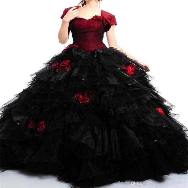 Novos vestidos quinceanera vermelhos e pretos combinando jaquetas feitos à mão com flores tule organza vestido de baile vestido de formatura226J