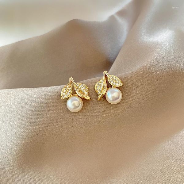 Orecchini a bottone 2023 orecchino di perla anziano contratto estivo coreano moda donna foglie di cristallo modellazione gioielli di tendenza