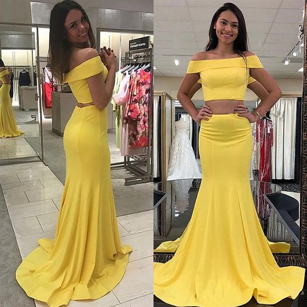 Novo vestido amarelo claro Fromal elástico cetim 2 peças fora do ombro decote canoa sereia longo barato vestido de noite vestidos de festa158u