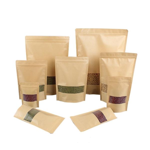 Sacchetti per imballaggio alimentare in carta Kraft multi-formato con finestra trasparente sul davanti Stand up Zip Lock Bustina per imballaggio per caffè Buste per tè251C