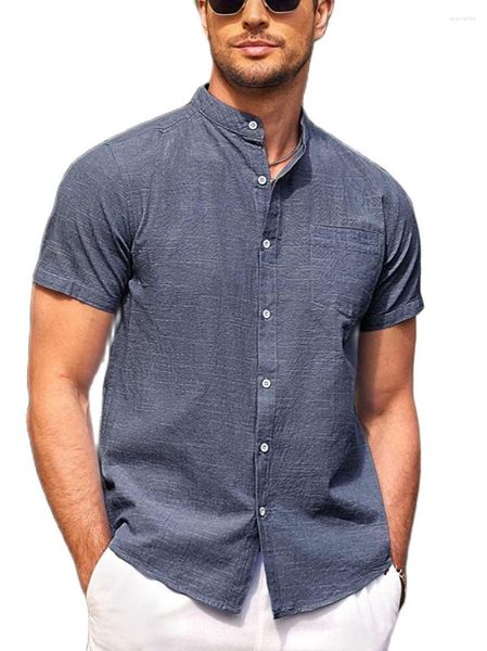 Camicie casual da uomo JIERAN EEWOLDIA Camicia da spiaggia con colletto a fascia in cotone e lino abbottonata a maniche corte