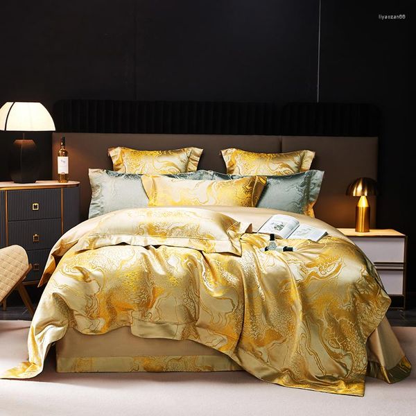 Conjuntos de cama champanhe dourado preto luxo conjunto 4/6 peças cetim jacquard algodão egípcio macio sedoso capa de edredom lençol fronhas