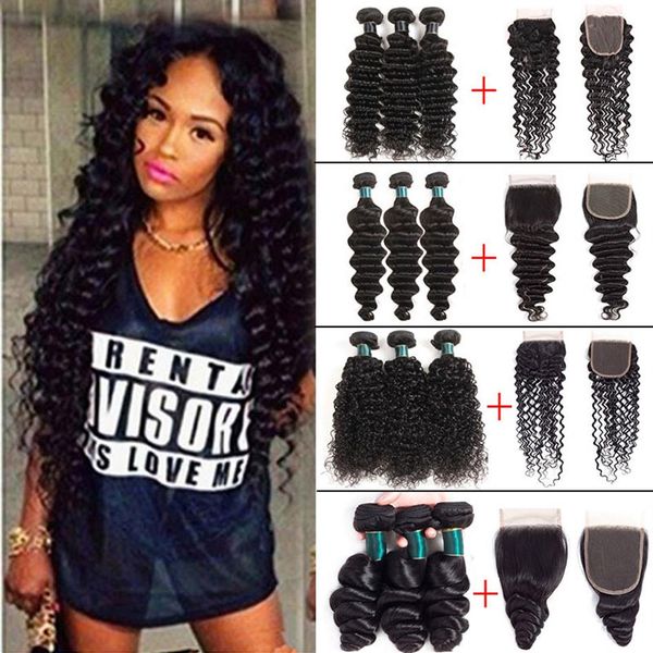 Brazilian Deep Wave 3 Bundles Deals With Lace Closure Barato Loose Deep Wave Kinky Curly Water Wave Remy Human Hair Weave Extension282a