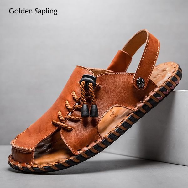 Sandalet altın safir erkek sandalet moda orijinal deri Roma tarzı plaj ayakkabıları erkeklerin nefes alabilen yaz sıradan sandaletler rahat ayakkabılar 230719