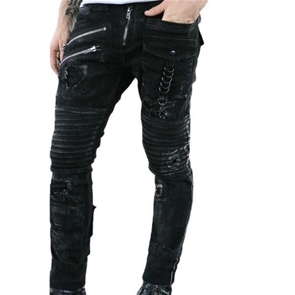 Джинсы для мужчин с низким подъемом разрывались несколько молнии повседневные плотные черные джинсовые брюки Vintage Gothic Punk Style 211110266Y