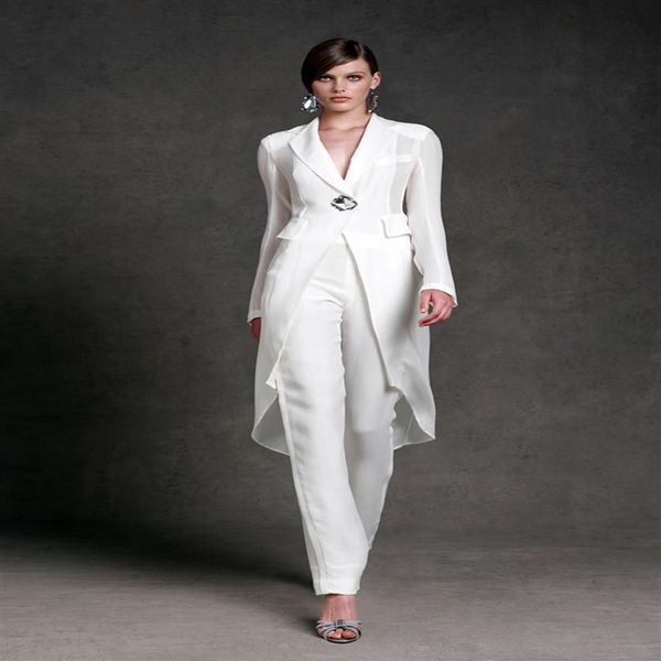 Weiße Hosenanzüge für die Brautmutter mit Jacken, V-Ausschnitt, Hochzeitsgastkleid, Perlen, Plus-Size-Chiffon, Mutter- und Bräutigam-Kleid212S