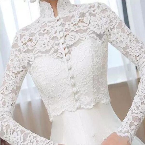 Vintage New White Elfenbein Hochzeitsjacke Braut Boleros Langarm Spitze Applique Top High Neck MADE MAUPS JACKETS2840