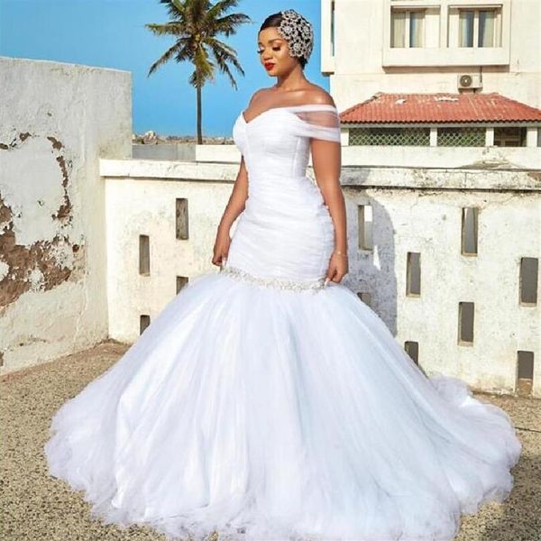 Branco puro 2021 vestidos de noiva sereia babados um ombro plus size vestidos de noiva sem mangas vestidos de casamento ao ar livre vestidos de no291M
