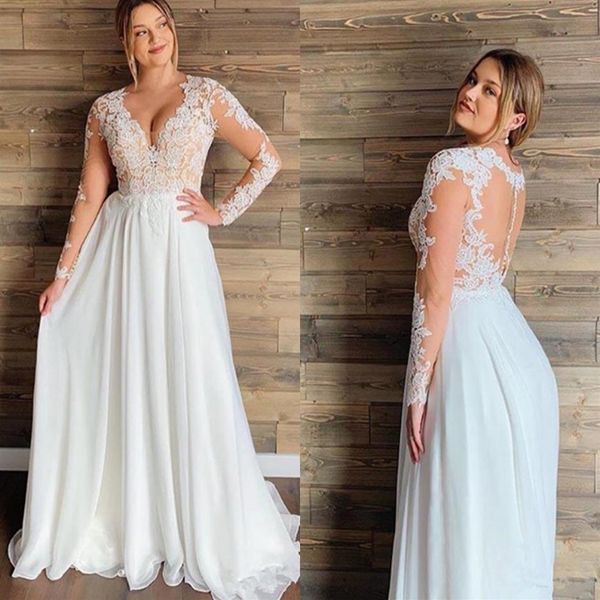 Vintage decote em V Vestidos de Noiva Plus Size Vestidos de Noiva Mangas Longas Ilusão Apliques Costas Ocas Renda Vestido de Recepção de Casamento Boh247H