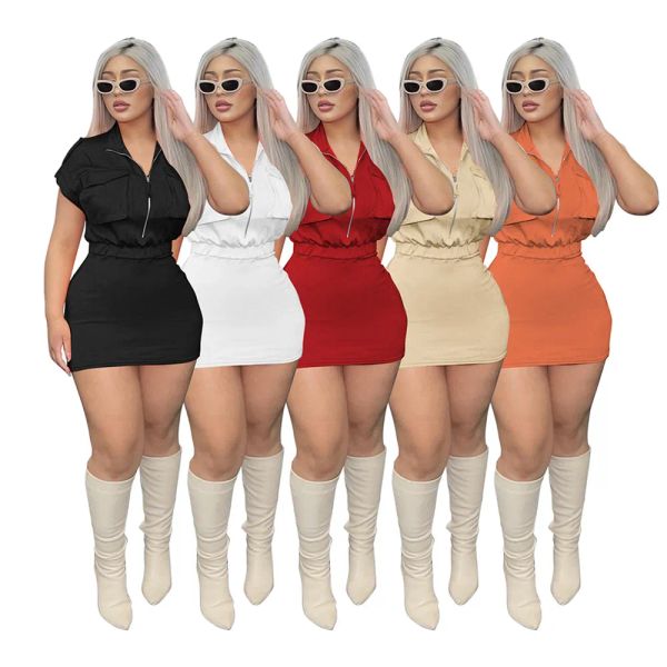 Vestidos de verão de grife feminino manga curta mini vestido feminino gola alta vestido esportivo casual com bolsos roupas de feriado a granel roupas por atacado