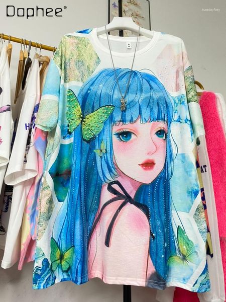 Damen-T-Shirts, Strass-Perlen-Rundhals-Kurzarm-T-Shirt, Sommer, locker sitzendes, lässiges Rundhals-Oberteil, weibliche Kawaii-Kleidung