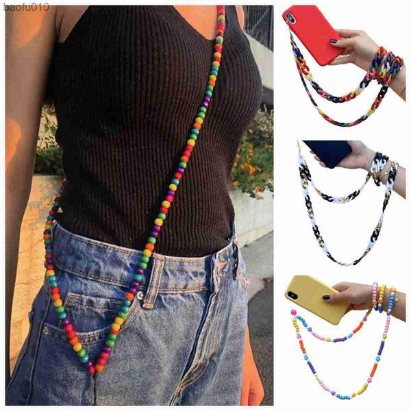 110cm Fashion Colored Acrylic Bead Long Mobile Phone Strap Anti-lost Cordão Feminino Verão Corda Corda Acessórios L230619