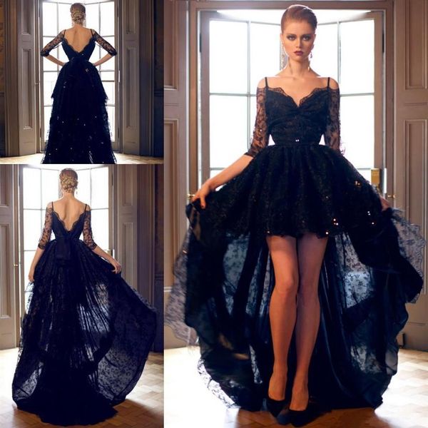 Modest Black Lace High Low Prom Dresses 2019 Mezze maniche lunghe V Backless Vestidos De Festa288i