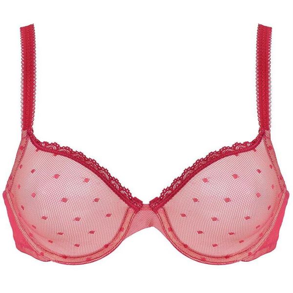 Grandi reggiseni sexy rossi per le donne Vedere attraverso la maglia Trasparente Dot Wire Underwear Drop 32 34 36 38 40 42 44 A B C D DD E DDD F228e