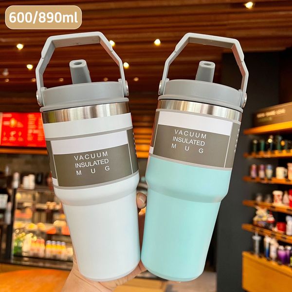 Bicchieri 600/890 ml Bottiglia sottovuoto portatile a doppia parete Thermos in acciaio inossidabile 304 Tazza per auto Tazza per acqua in cannuccia Coppia Tazza per caffè 20/30 once 230720