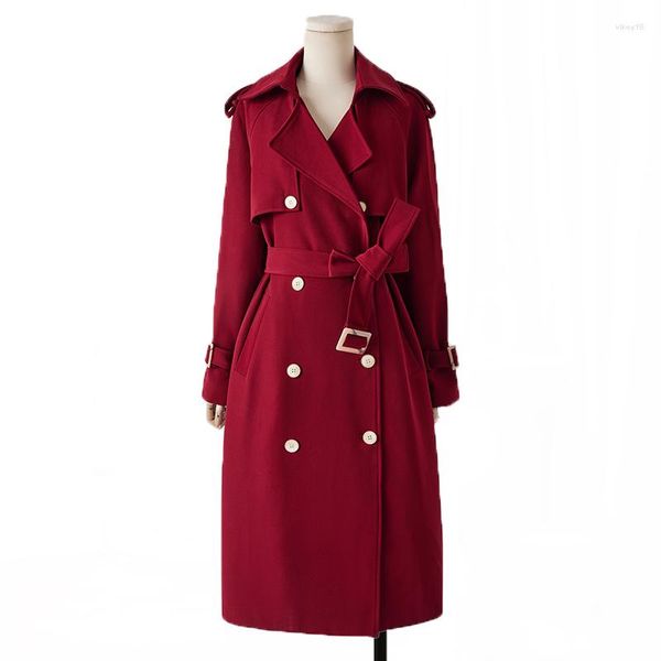 Женские траншевые пальто осенние бренд женщин вино красное пальто длинная ветряная ветряная тенденция двойной стройная женщина