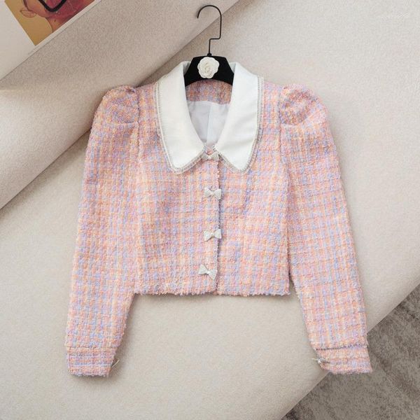 Damenjacken Herbst Kleiner Duft Tweed-Jackenmantel Frauen Langarm Diamanten Schleife Knopf Wollkurzmäntel Koreanische Süße Outwear Crop