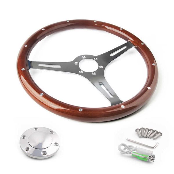 Auto da corsa 380mm 15 Volante classico in legno Cromato Silver Spoke Volante vintage classico con venature del legno Car251g