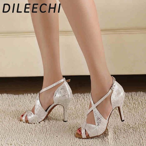 Scarpe da ballo DILEECHI marca Donna White Satin Leopard Scarpe da ballo latino all'ingrosso Spot Salsa Party Scarpe da ballo quadrate Tacchi alti 8,5 cm 230719