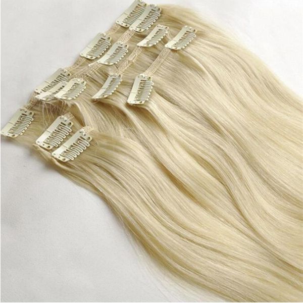 DHL Silk Straight Capelli non remy brasiliani Biondo platino Colore 60 # Clip di capelli umani nelle estensioni 70 Grammi da 12 a 24 pollici235k