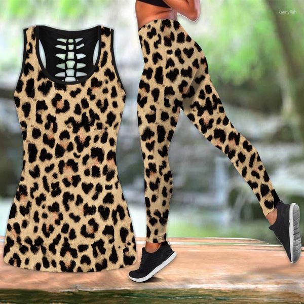 Damen-Leggings, hohles Tank-Top und Leggings mit 3D-Leopardenmuster, ärmelloses Hemd, Sommerweste, Übergröße, Yoga-Oberteile