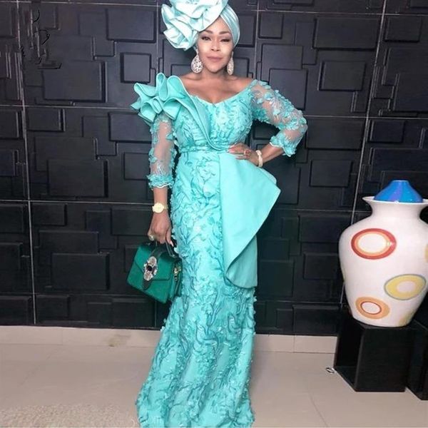 Aso Ebi Stil Mint Spitze Prom Kleider Lange Meerjungfrau Afrikanische Nigerian Abendkleid Elegante 3 4 Ärmel Pagent Party Kleider braut300M