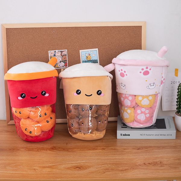 Plüschkissen Kissen 30x40cm Bubble Tea Kissen Gefüllte quietschende Mini-Tierbälle Perlen Rosa Katze Bärentatzen Snack Puddingbeutel Essen Plüschtier 230719