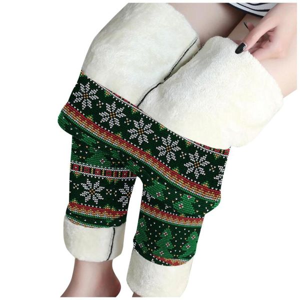 Женские леггинсы плюс размер зимний рождественский высокий талия цветочные/лосей напечатанные брюки Термо теплые эластичные мягкие брюк